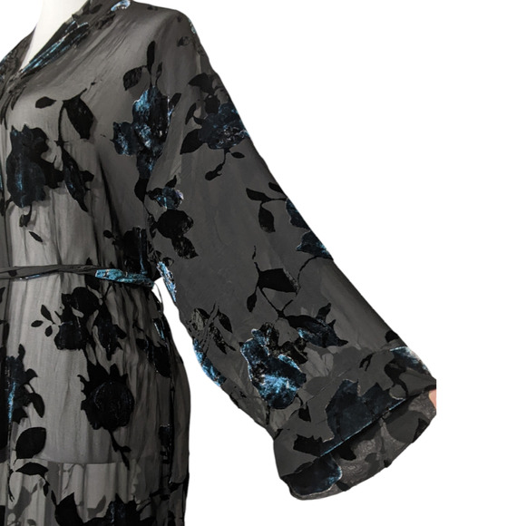 VTG Lasoie Silk Blend Semi Sheer Robe Black w Floral Velvet Romantic Goth OS - Picture 7 of 10